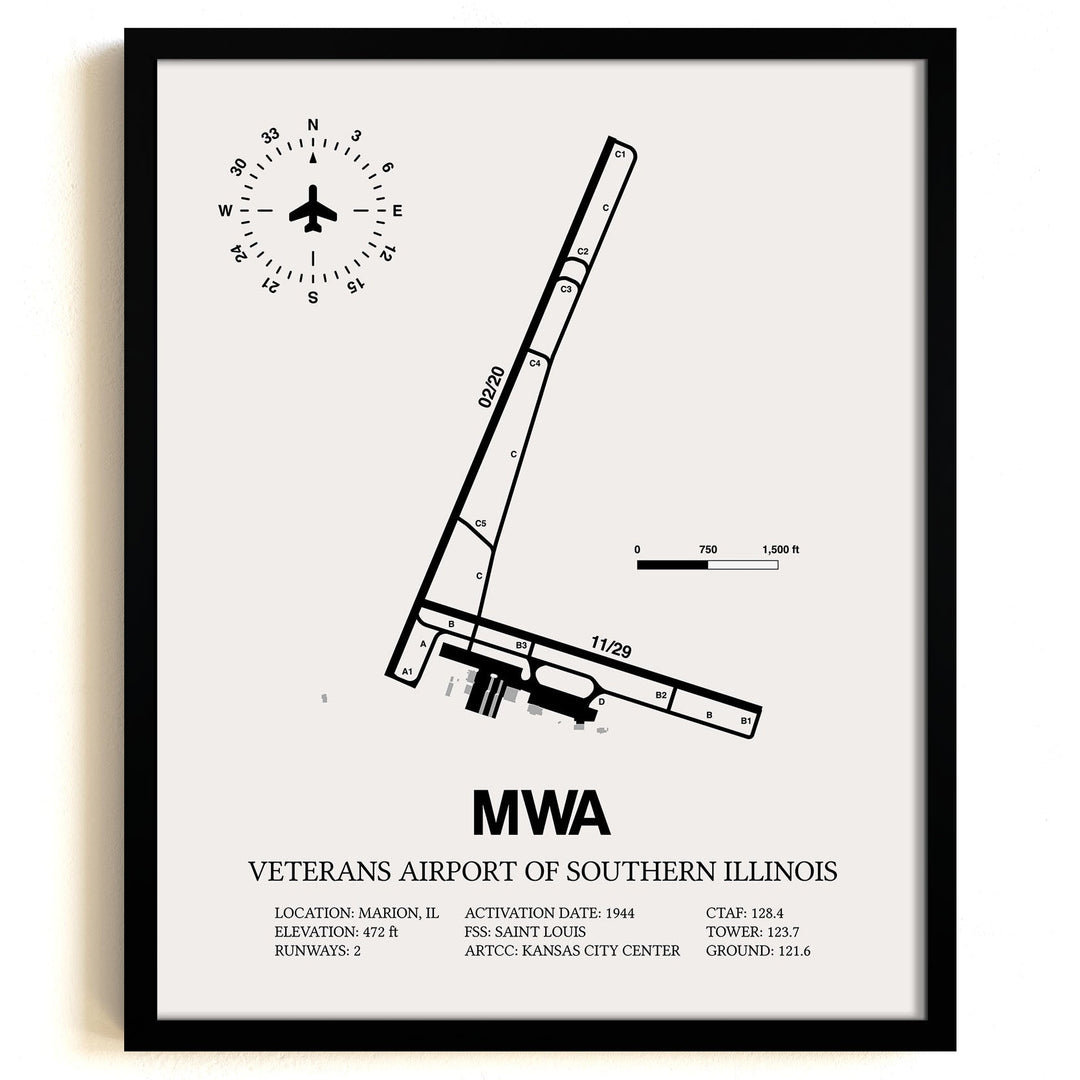Framed Detailed Airport Map of Veterans Airport Of Southern Illinois (MWA) in White with a Black Frame