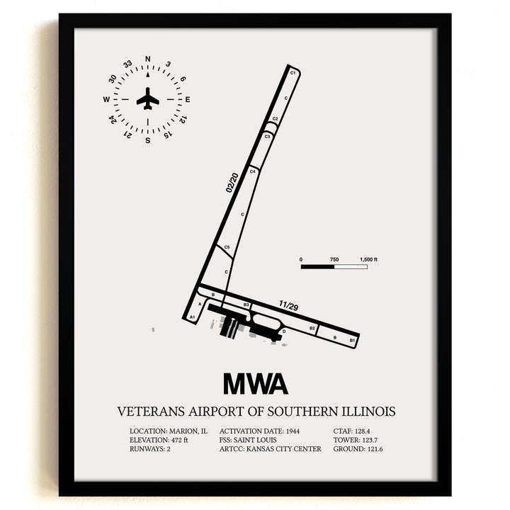 Framed Detailed Airport Map of Veterans Airport Of Southern Illinois (MWA) in White with a Black Frame