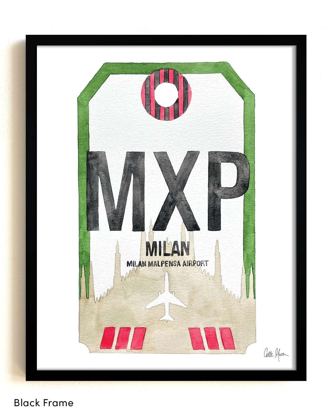 Framed Watercolor Print of Milano Malpensa Airport (MXP) with a Black Frame