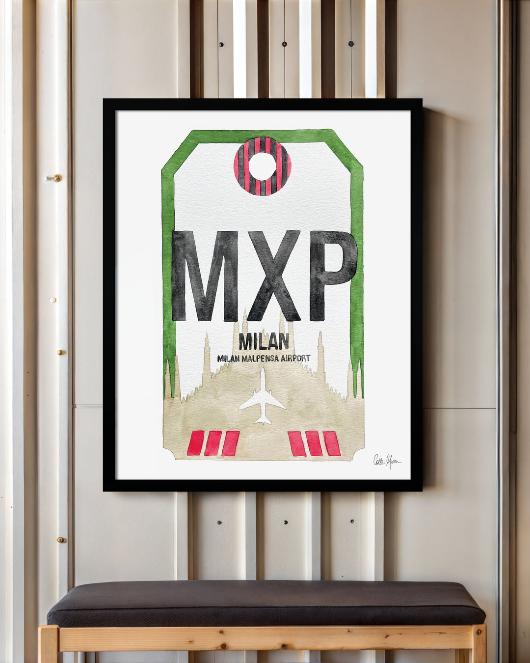 Framed Watercolor Print of Milano Malpensa Airport (MXP) with a Black Frame