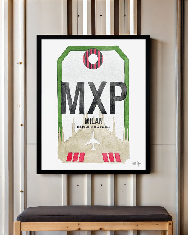 Framed Watercolor Print of Milano Malpensa Airport (MXP) with a Black Frame