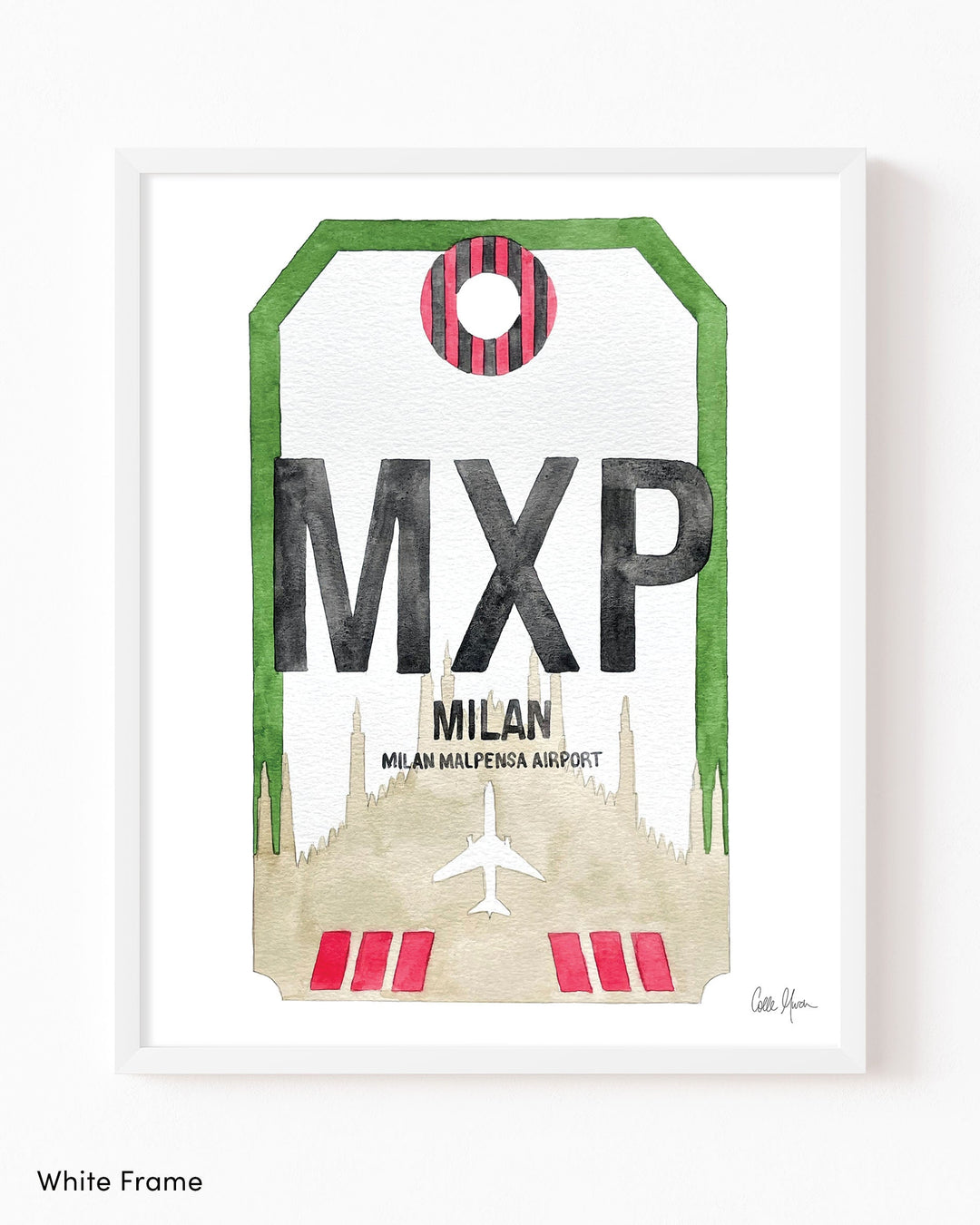 Framed Watercolor Print of Milano Malpensa Airport (MXP) with a White Frame