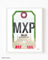 Framed Watercolor Print of Milano Malpensa Airport (MXP) with a White Frame
