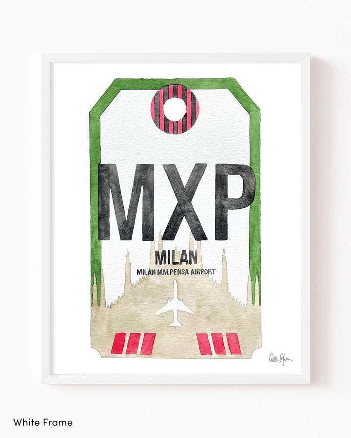 Framed Watercolor Print of Milano Malpensa Airport (MXP) with a White Frame