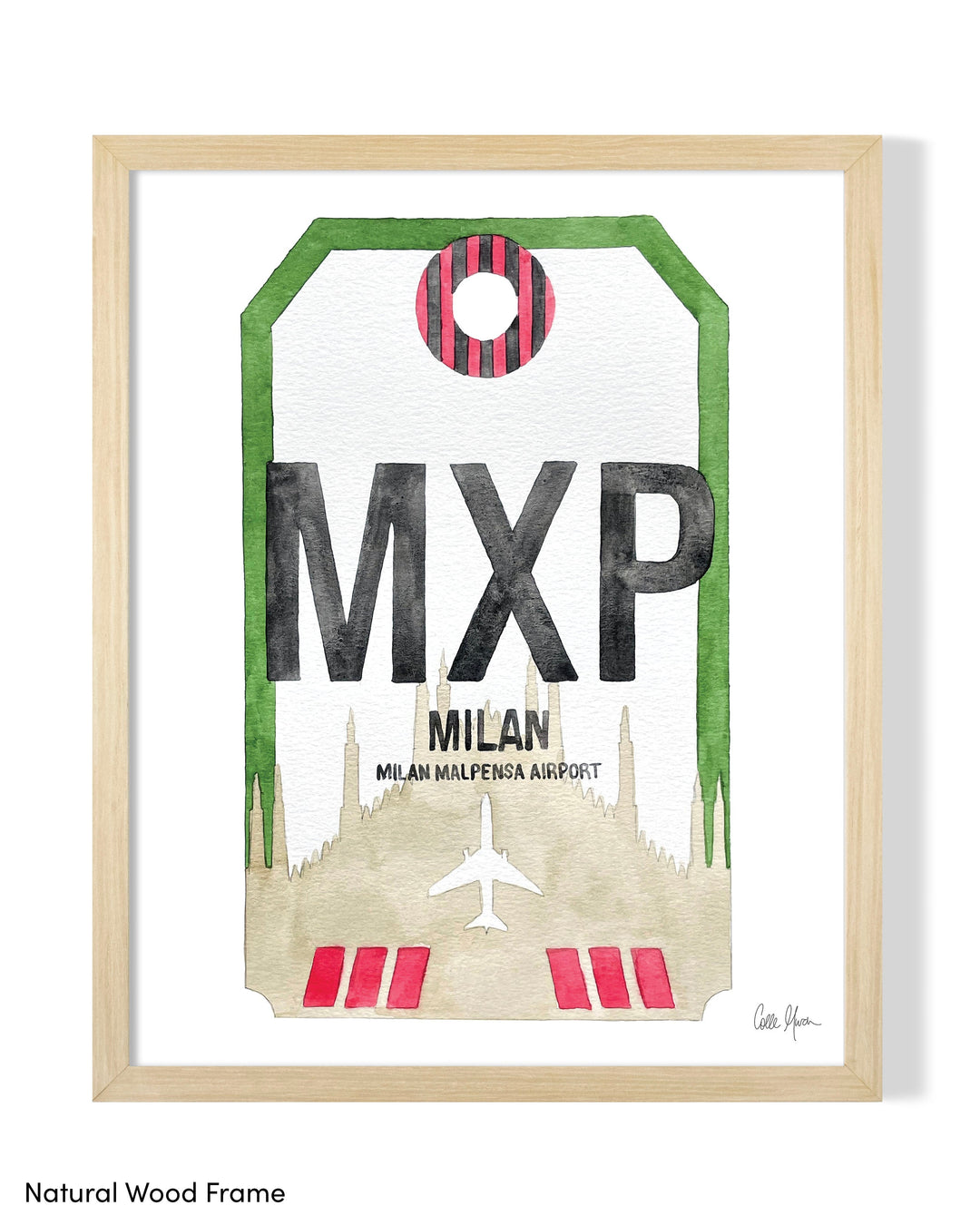 Framed Watercolor Print of Milano Malpensa Airport (MXP) with a Natural Wood Frame