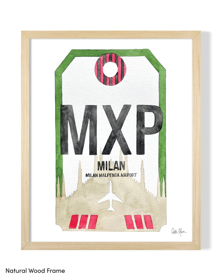 Framed Watercolor Print of Milano Malpensa Airport (MXP) with a Natural Wood Frame