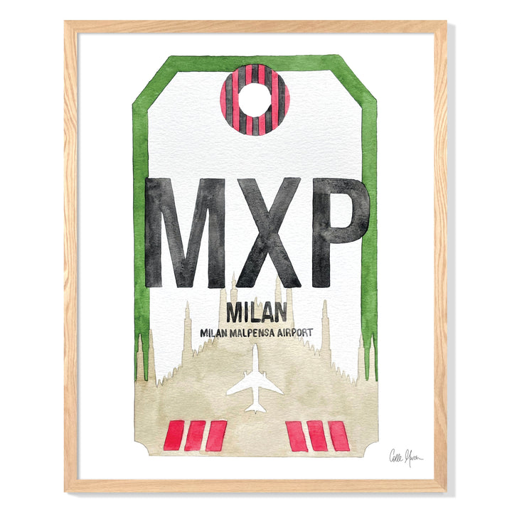 Framed Watercolor Print of Milano Malpensa Airport (MXP) with an Oak Frame