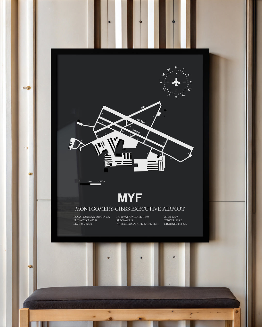 Framed Detailed Airport Map of Montgomery-Gibbs Executive Airport (MYF) in Gray with a Black Frame