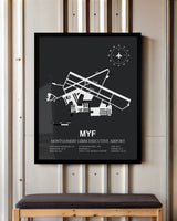 Framed Detailed Airport Map of Montgomery-Gibbs Executive Airport (MYF) in Gray with a Black Frame