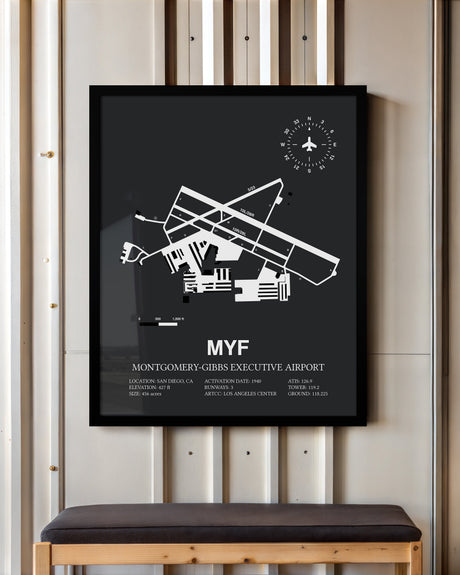 Framed Detailed Airport Map of Montgomery-Gibbs Executive Airport (MYF) in Gray with a Black Frame