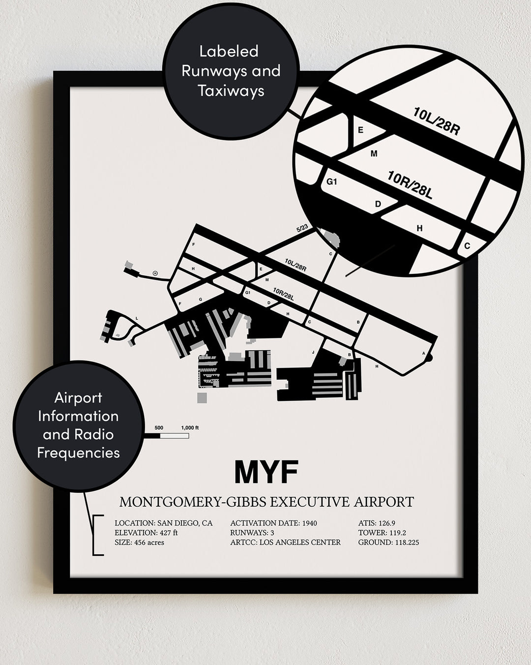 Framed Detailed Airport Map of Montgomery-Gibbs Executive Airport (MYF) in White with a Black Frame