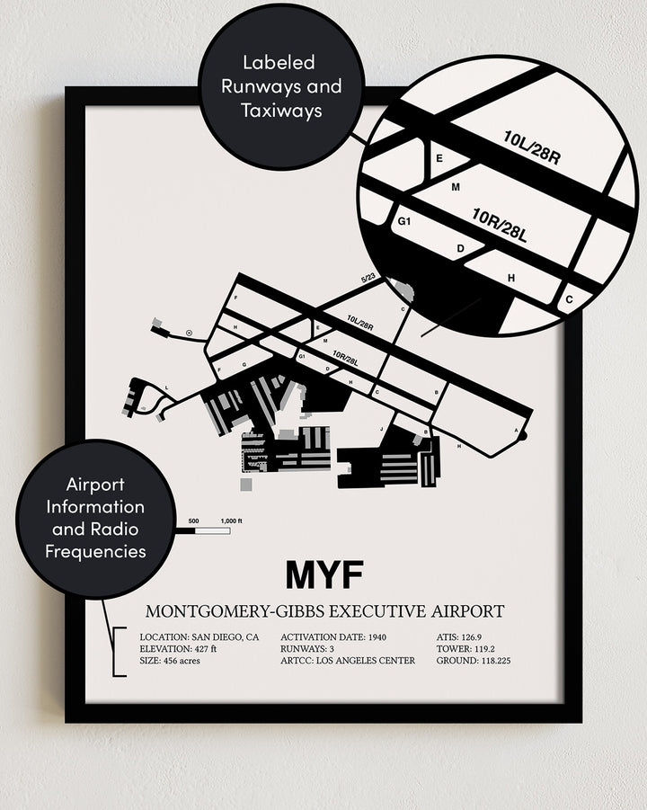 Framed Detailed Airport Map of Montgomery-Gibbs Executive Airport (MYF) in White with a Black Frame