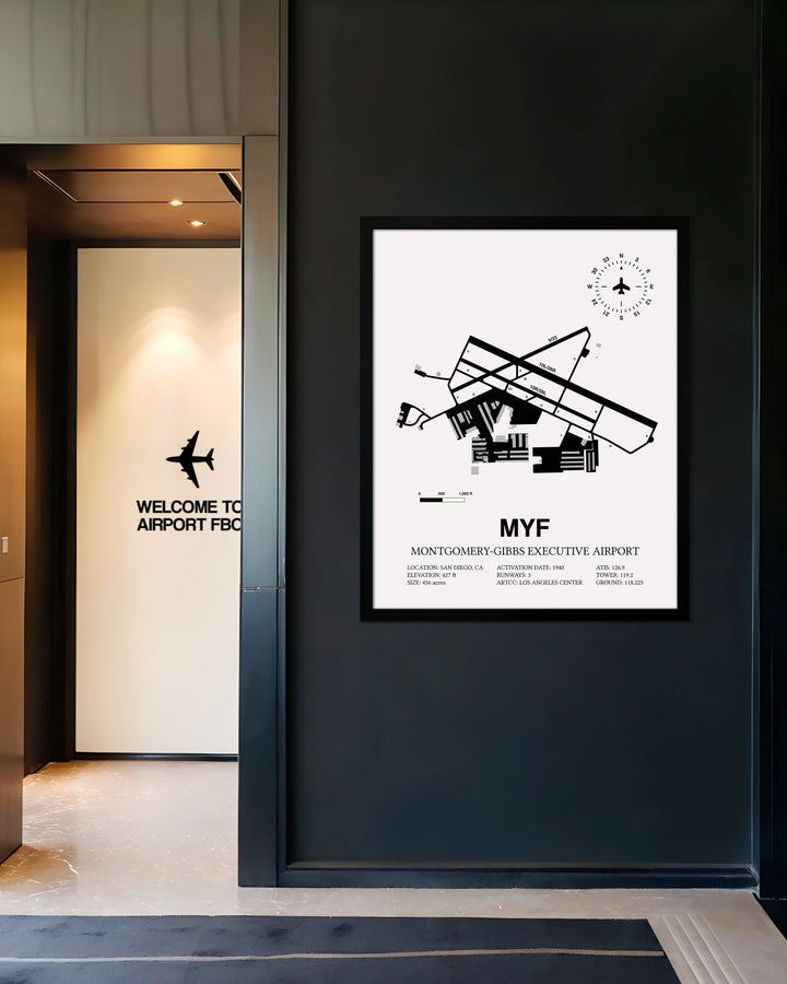 Framed Detailed Airport Map of Montgomery-Gibbs Executive Airport (MYF) in White with a Black Frame