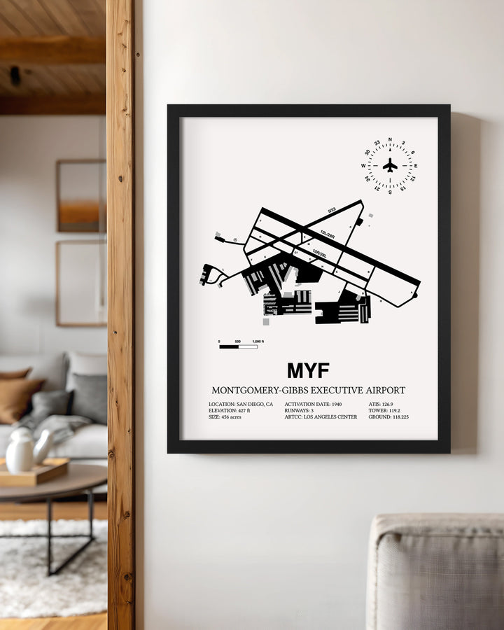 Framed Detailed Airport Map of Montgomery-Gibbs Executive Airport (MYF) in White with a Black Frame
