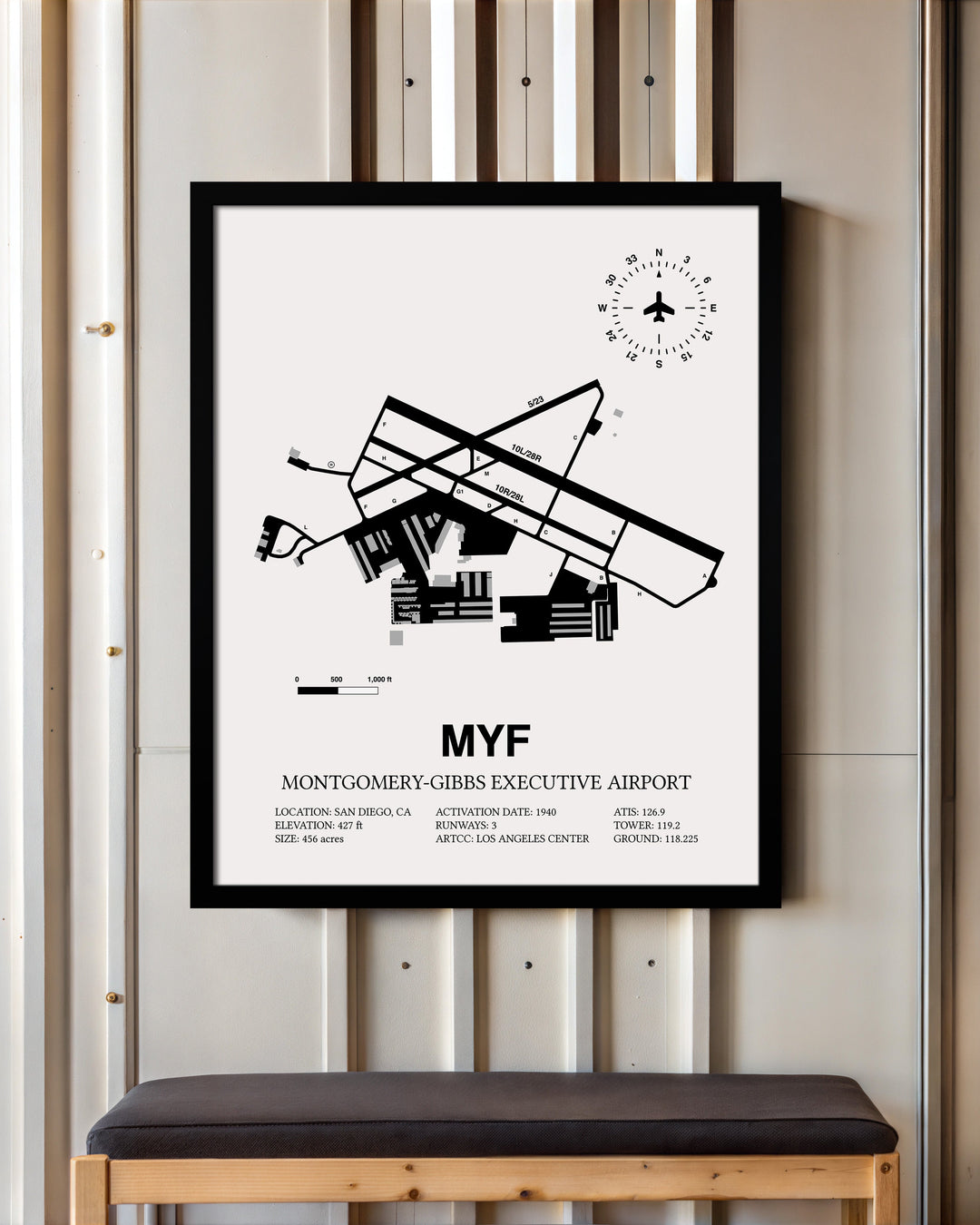Framed Detailed Airport Map of Montgomery-Gibbs Executive Airport (MYF) in White with a Black Frame