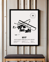 Framed Detailed Airport Map of Montgomery-Gibbs Executive Airport (MYF) in White with a Black Frame