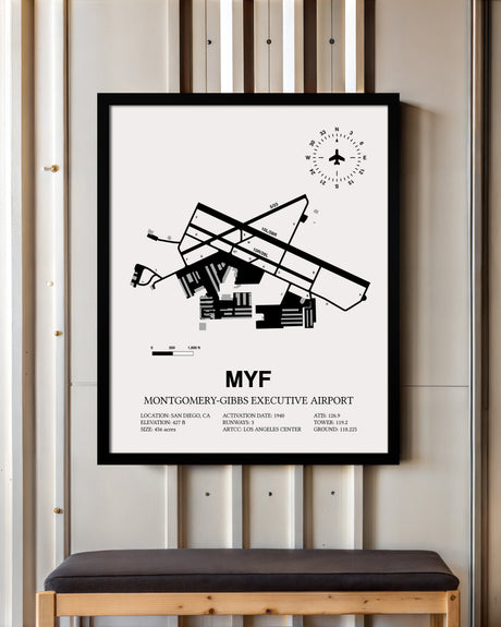 Framed Detailed Airport Map of Montgomery-Gibbs Executive Airport (MYF) in White with a Black Frame