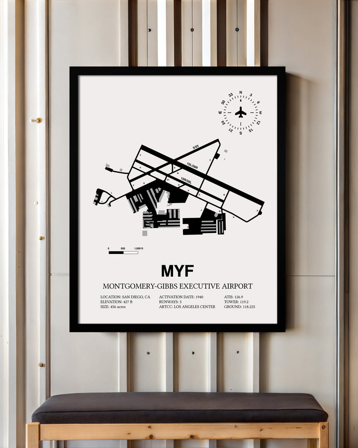 Framed Detailed Airport Map of Montgomery-Gibbs Executive Airport (MYF) in White with a Black Frame