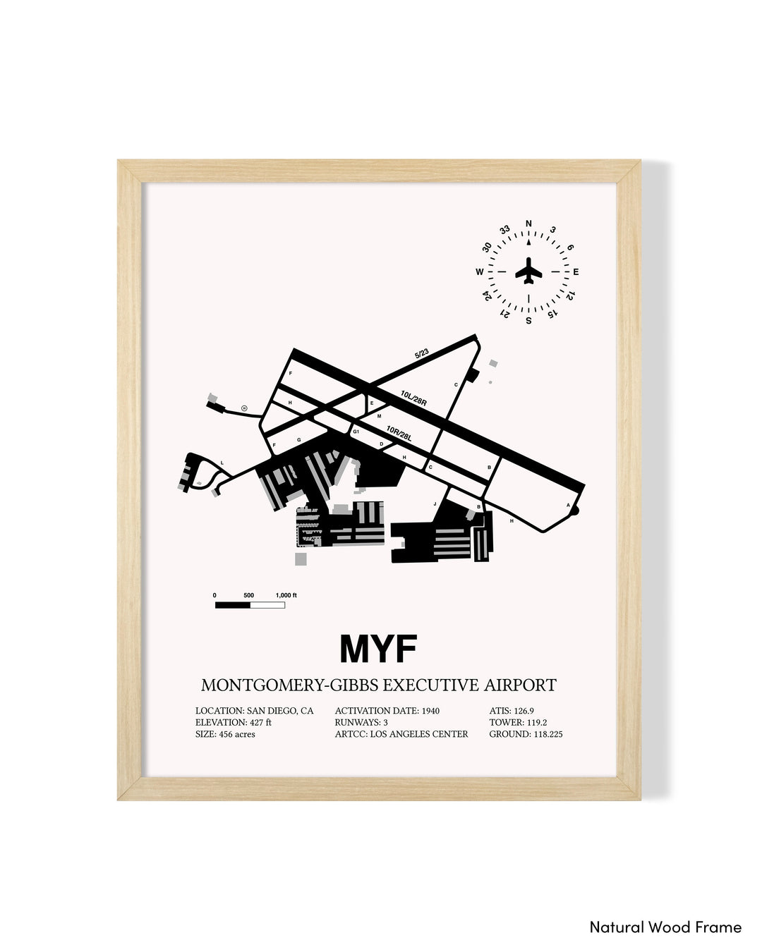 Detailed Airport Map of Montgomery-Gibbs Executive Airport (MYF) in White with a Natural Frame