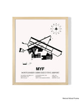 Detailed Airport Map of Montgomery-Gibbs Executive Airport (MYF) in White with a Natural Frame