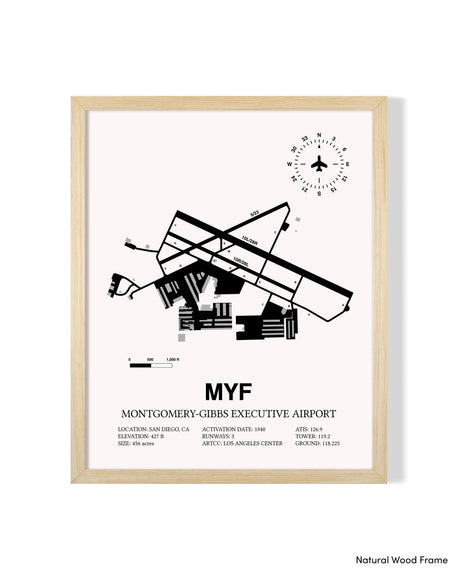Detailed Airport Map of Montgomery-Gibbs Executive Airport (MYF) in White with a Natural Frame