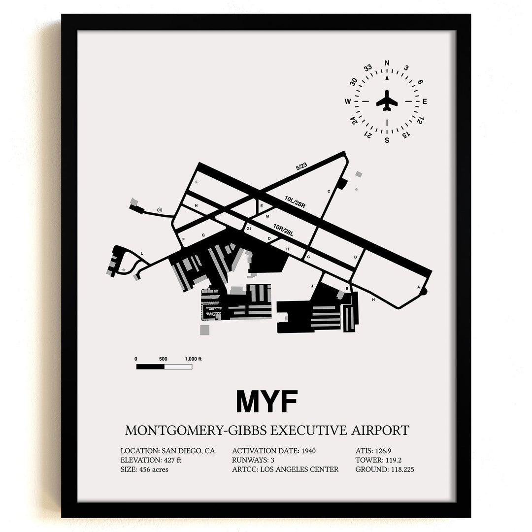 Framed Detailed Airport Map of Montgomery-Gibbs Executive Airport (MYF) in White with a Black Frame