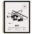 Framed Detailed Airport Map of Montgomery-Gibbs Executive Airport (MYF) in White with a Black Frame