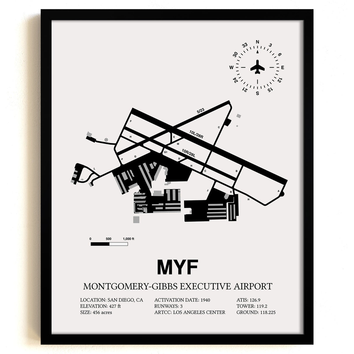 Framed Detailed Airport Map of Montgomery-Gibbs Executive Airport (MYF) in White with a Black Frame