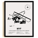 Framed Detailed Airport Map of Montgomery-Gibbs Executive Airport (MYF) in White with a Black Frame