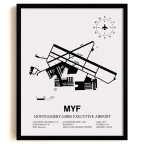 Framed Detailed Airport Map of Montgomery-Gibbs Executive Airport (MYF) in White with a Black Frame