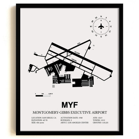 Framed Detailed Airport Map of Montgomery-Gibbs Executive Airport (MYF) in White with a Black Frame