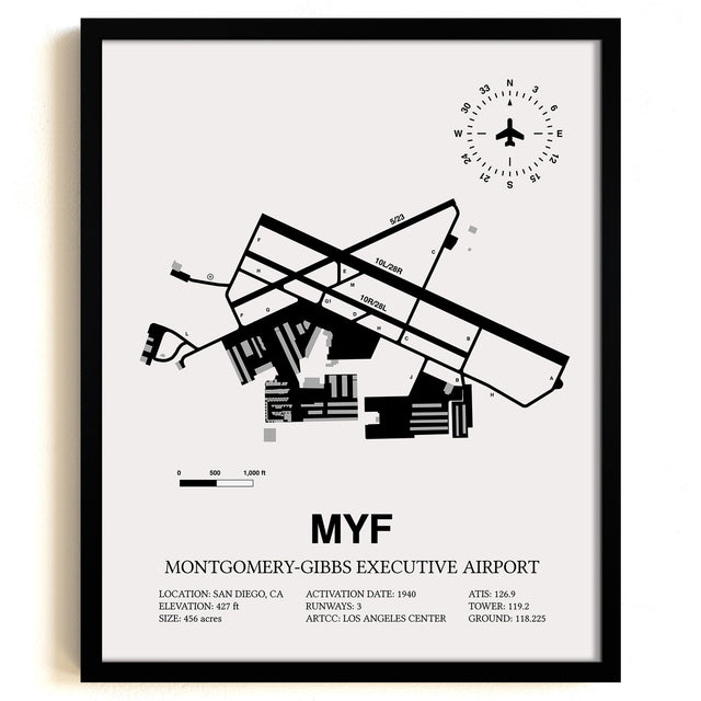 Framed Detailed Airport Map of Montgomery-Gibbs Executive Airport (MYF) in White with a Black Frame
