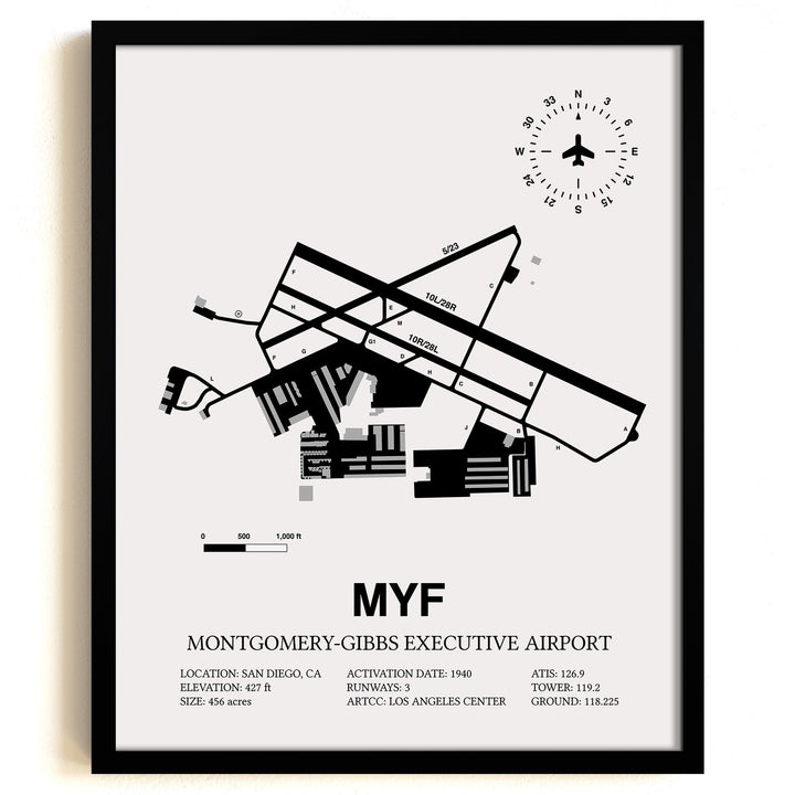 Framed Detailed Airport Map of Montgomery-Gibbs Executive Airport (MYF) in White with a Black Frame