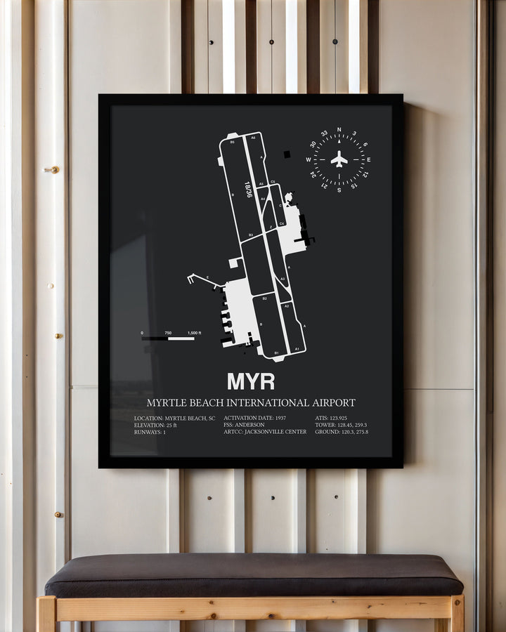 Framed Detailed Airport Map of Myrtle Beach International Airport (MYR) in Gray with a Black Frame