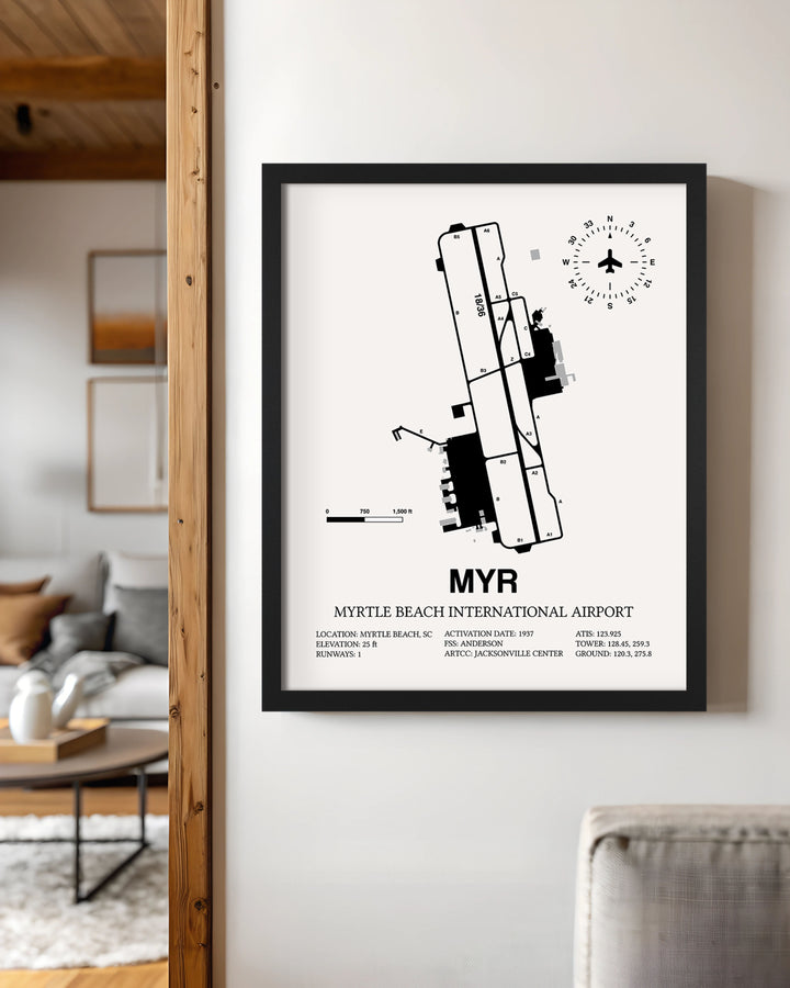 Framed Detailed Airport Map of Myrtle Beach International Airport (MYR) in White with a Black Frame