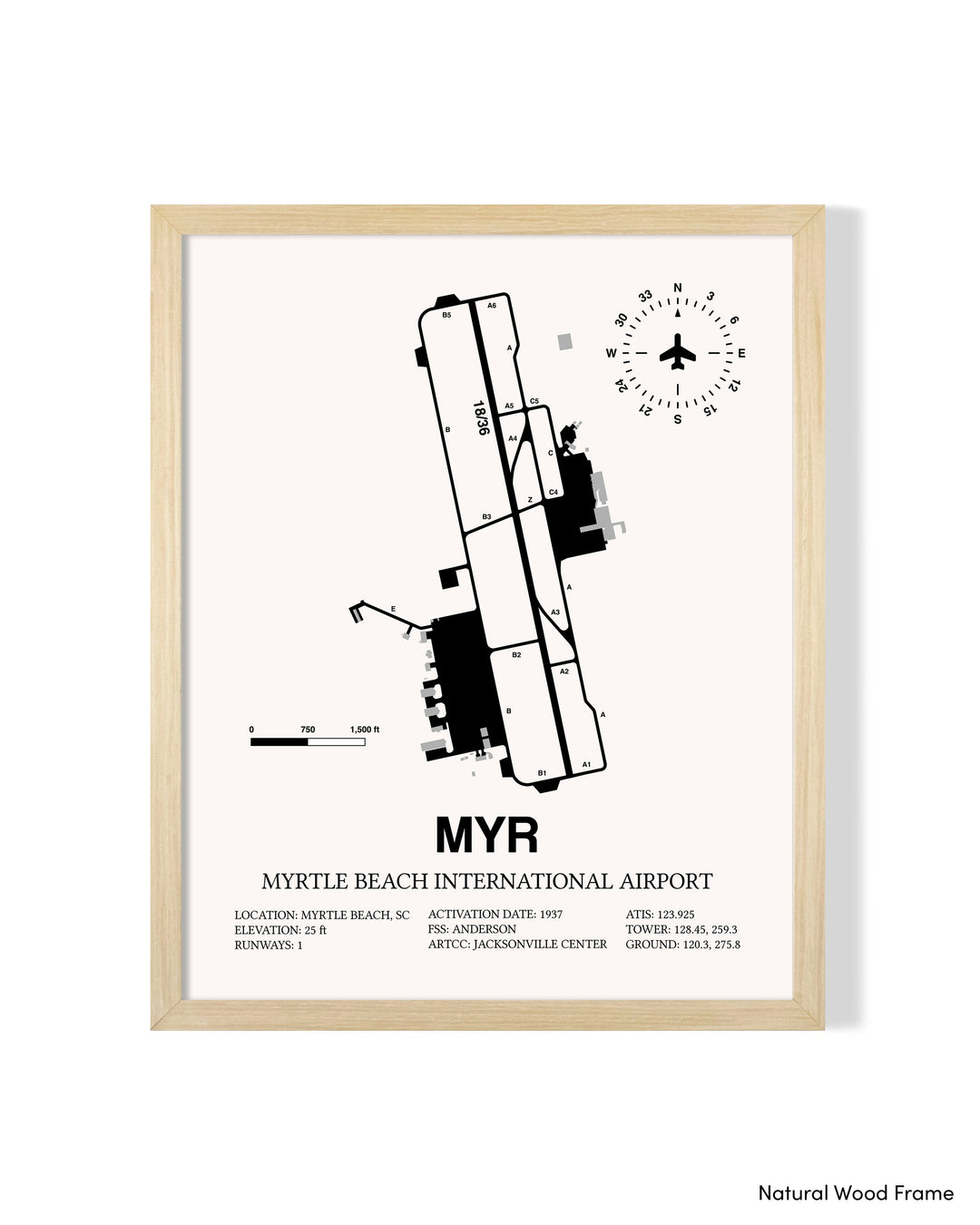 Detailed Airport Map of Myrtle Beach International Airport (MYR) in White with a Natural Frame