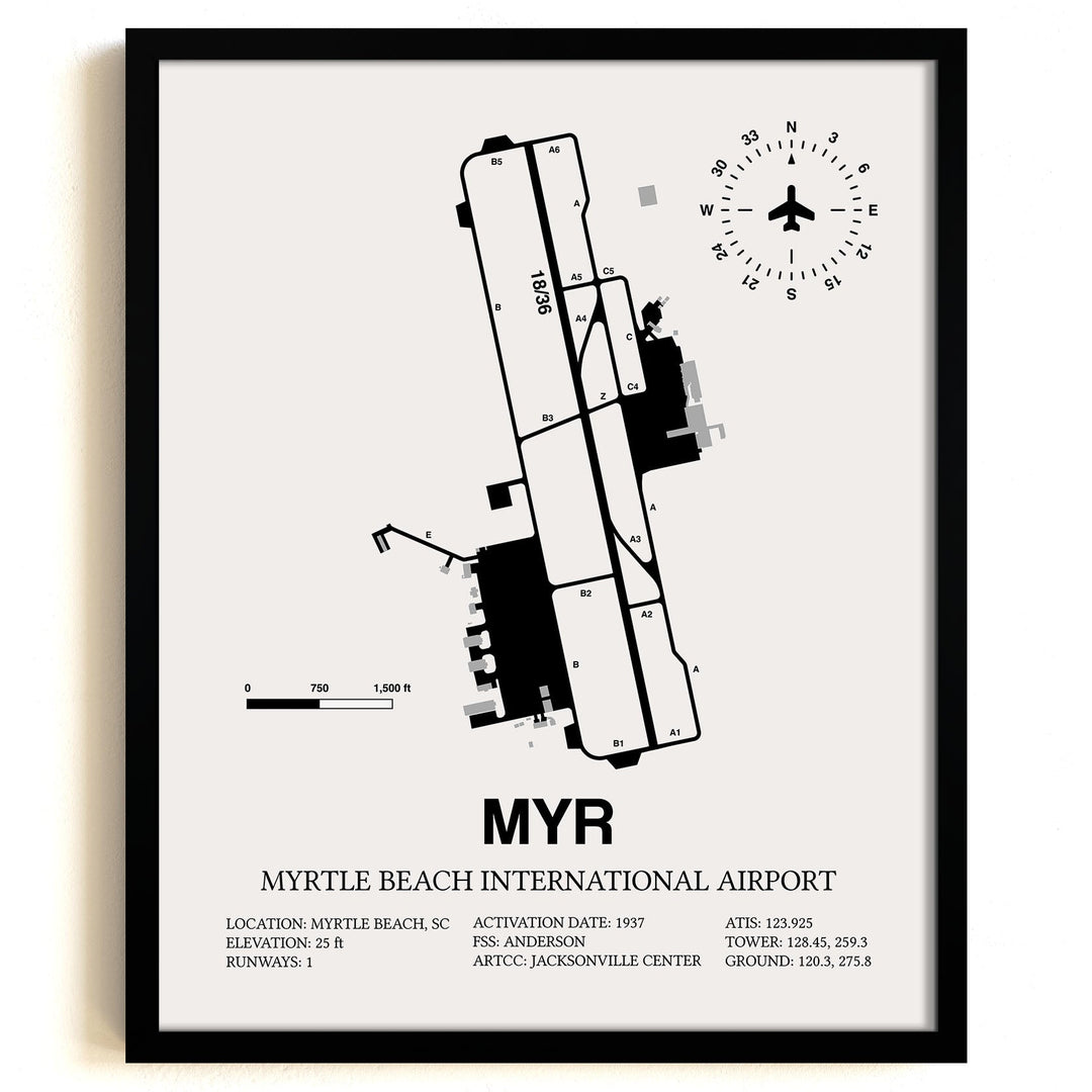 Framed Detailed Airport Map of Myrtle Beach International Airport (MYR) in White with a Black Frame