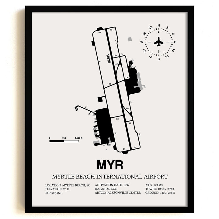 Framed Detailed Airport Map of Myrtle Beach International Airport (MYR) in White with a Black Frame