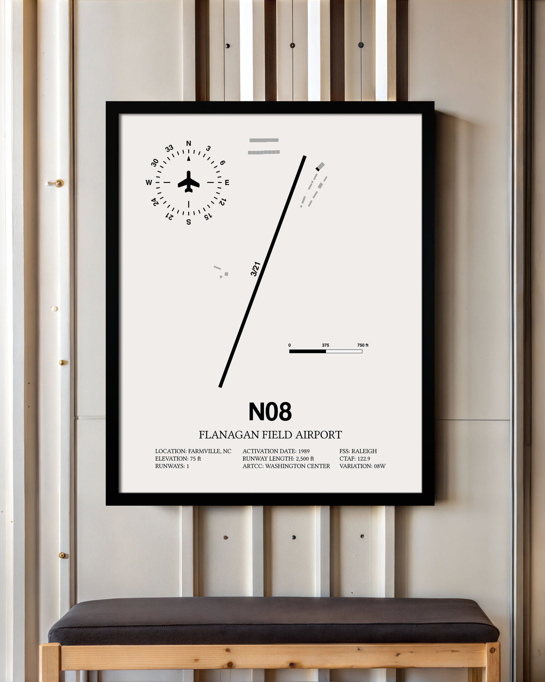 Framed Detailed Airport Map of Flanagan Field Airport (N08) in White with a Black Frame