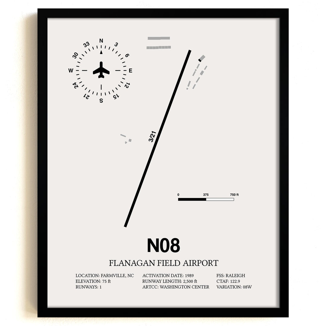 Framed Detailed Airport Map of Flanagan Field Airport (N08) in White with a Black Frame