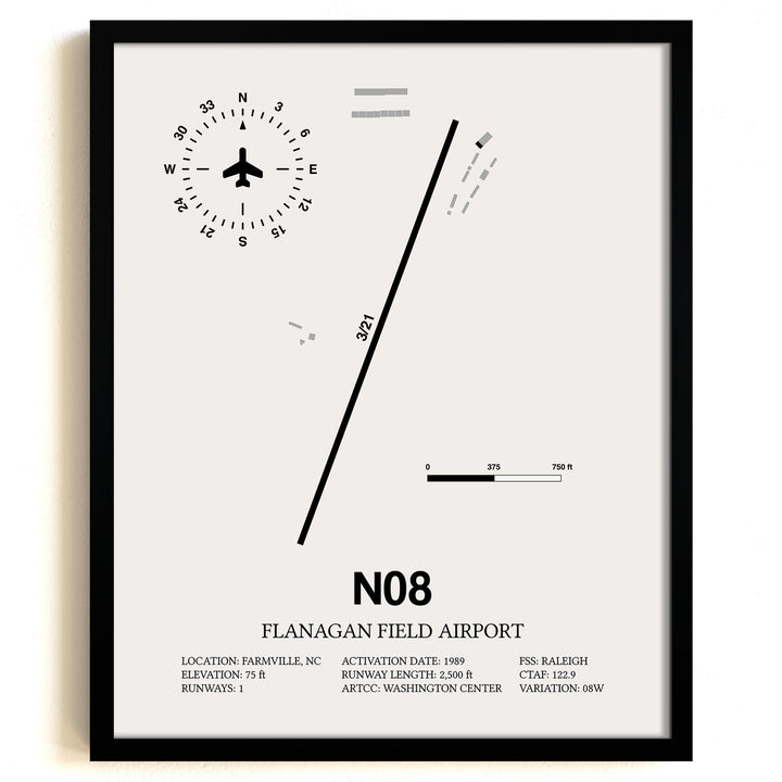 Framed Detailed Airport Map of Flanagan Field Airport (N08) in White with a Black Frame