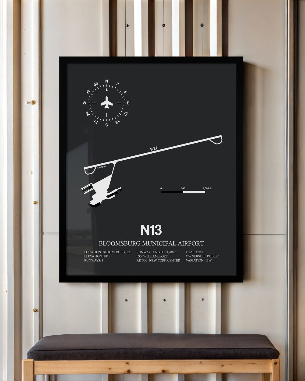 Framed Detailed Airport Map of Bloomsburg Municipal Airport (N13) in Gray with a Black Frame