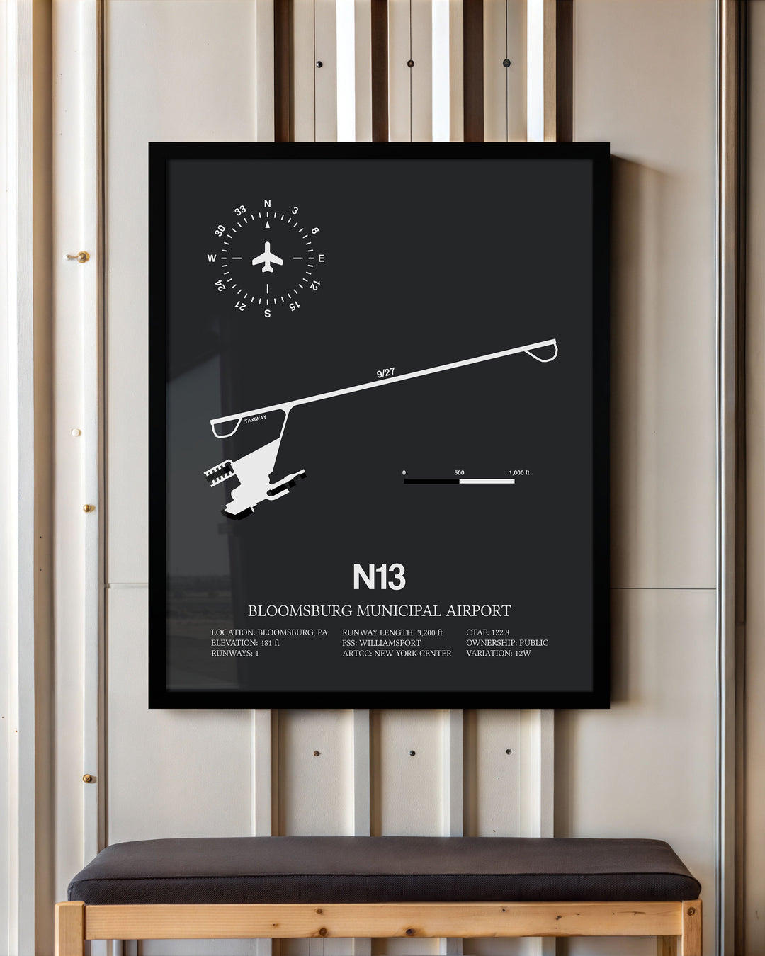 Framed Detailed Airport Map of Bloomsburg Municipal Airport (N13) in Gray with a Black Frame