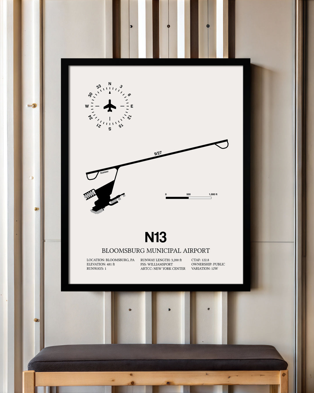 Framed Detailed Airport Map of Bloomsburg Municipal Airport (N13) in White with a Black Frame