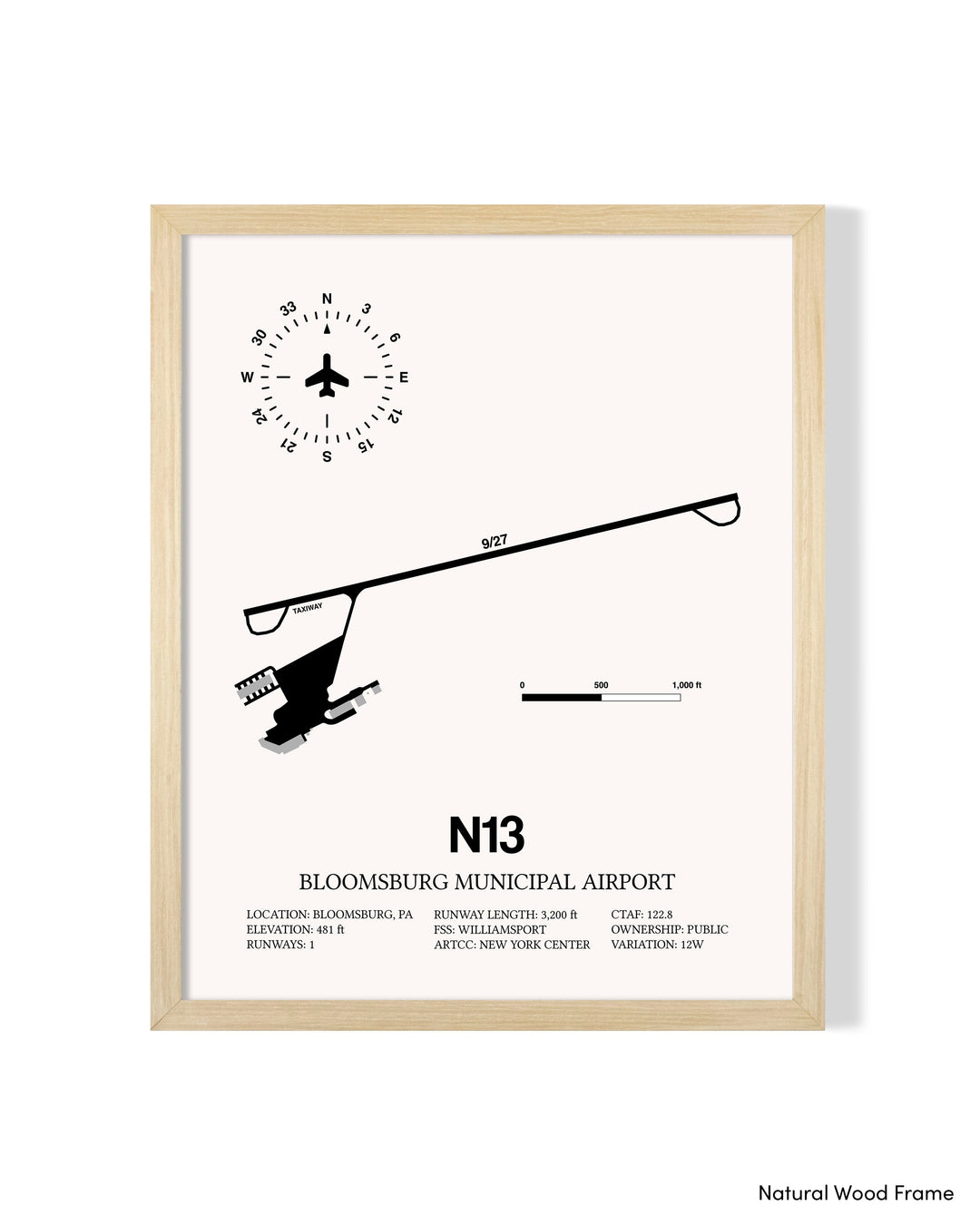 Detailed Airport Map of Bloomsburg Municipal Airport (N13) in White with a Natural Frame