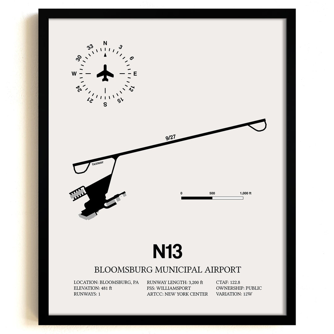 Framed Detailed Airport Map of Bloomsburg Municipal Airport (N13) in White with a Black Frame