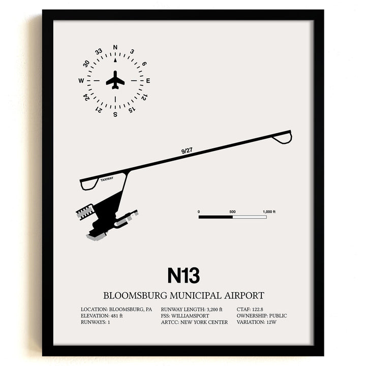 Framed Detailed Airport Map of Bloomsburg Municipal Airport (N13) in White with a Black Frame