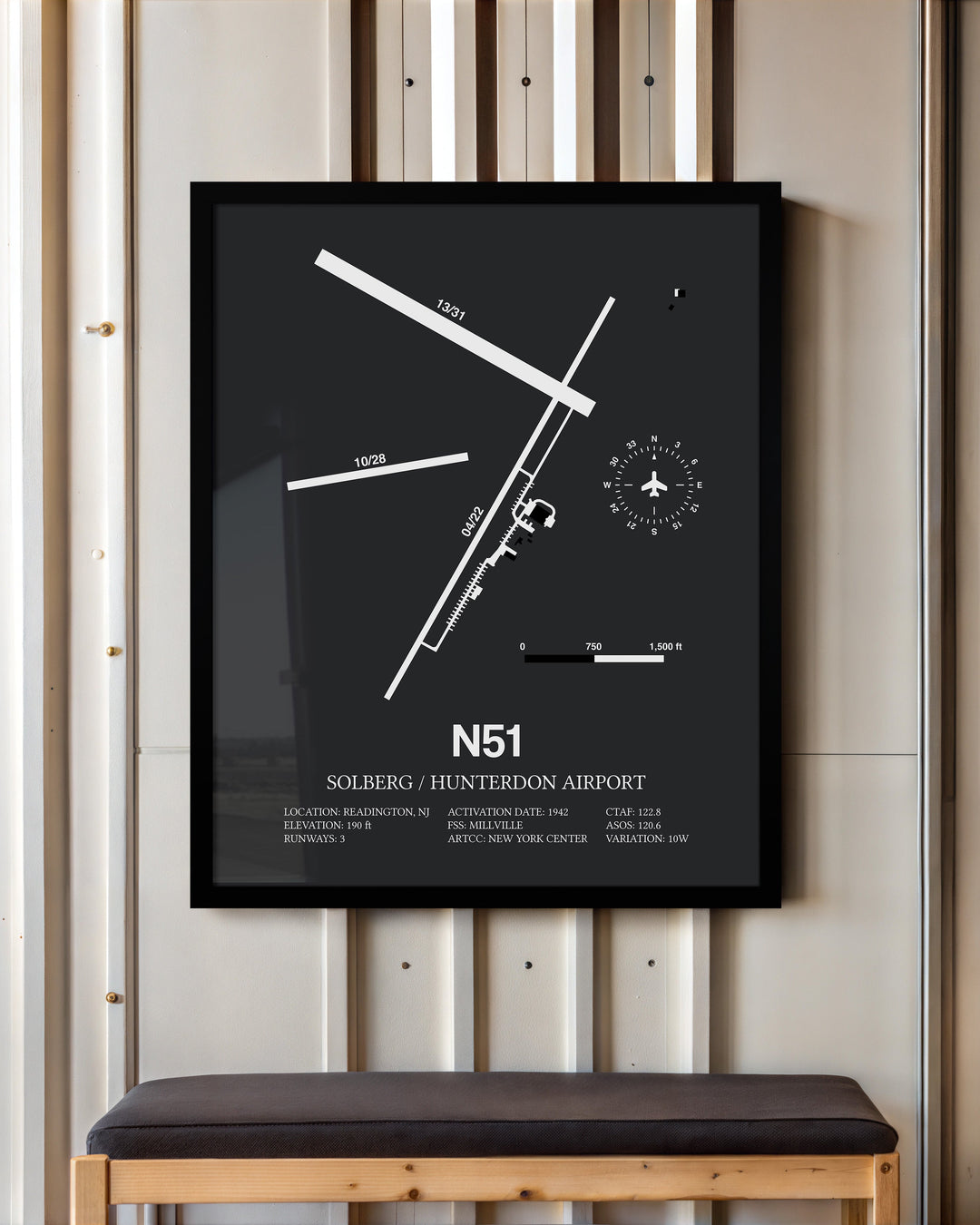 Framed Detailed Airport Map of Solberg/Hunterdon Airport (N51) in Gray with a Black Frame