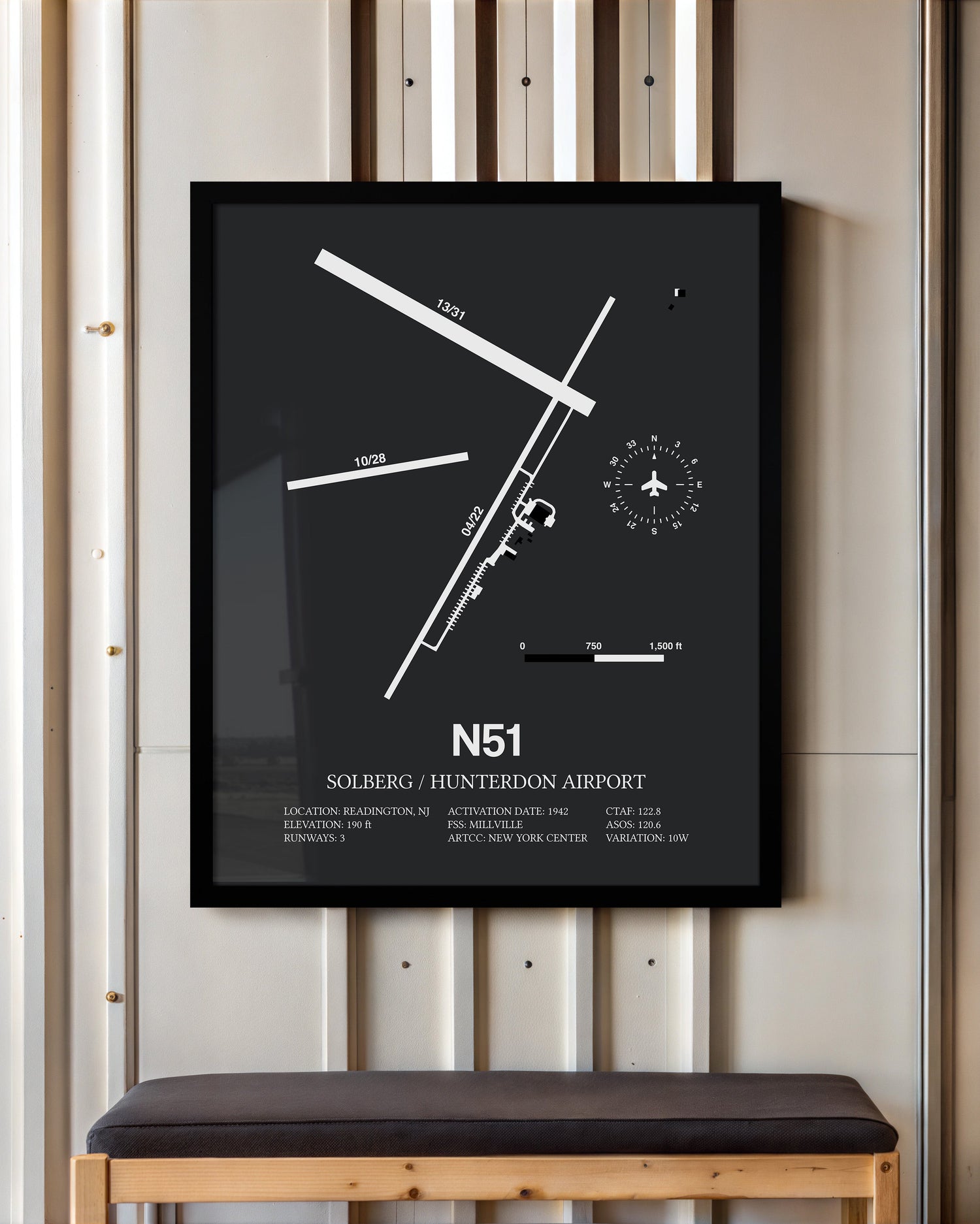 Framed Detailed Airport Map of Solberg/Hunterdon Airport (N51) in Gray with a Black Frame