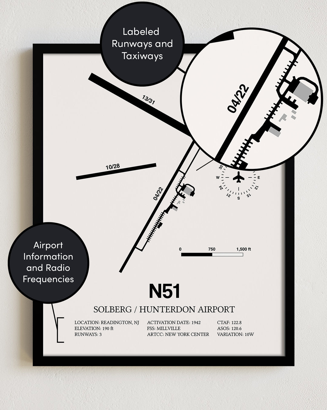 Framed Detailed Airport Map of Solberg/Hunterdon Airport (N51) in White with a Black Frame
